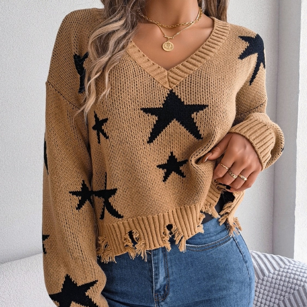 V-Neck Cropped Sweater with Star Pattern & Distressed Hem - Picture 1 of 8